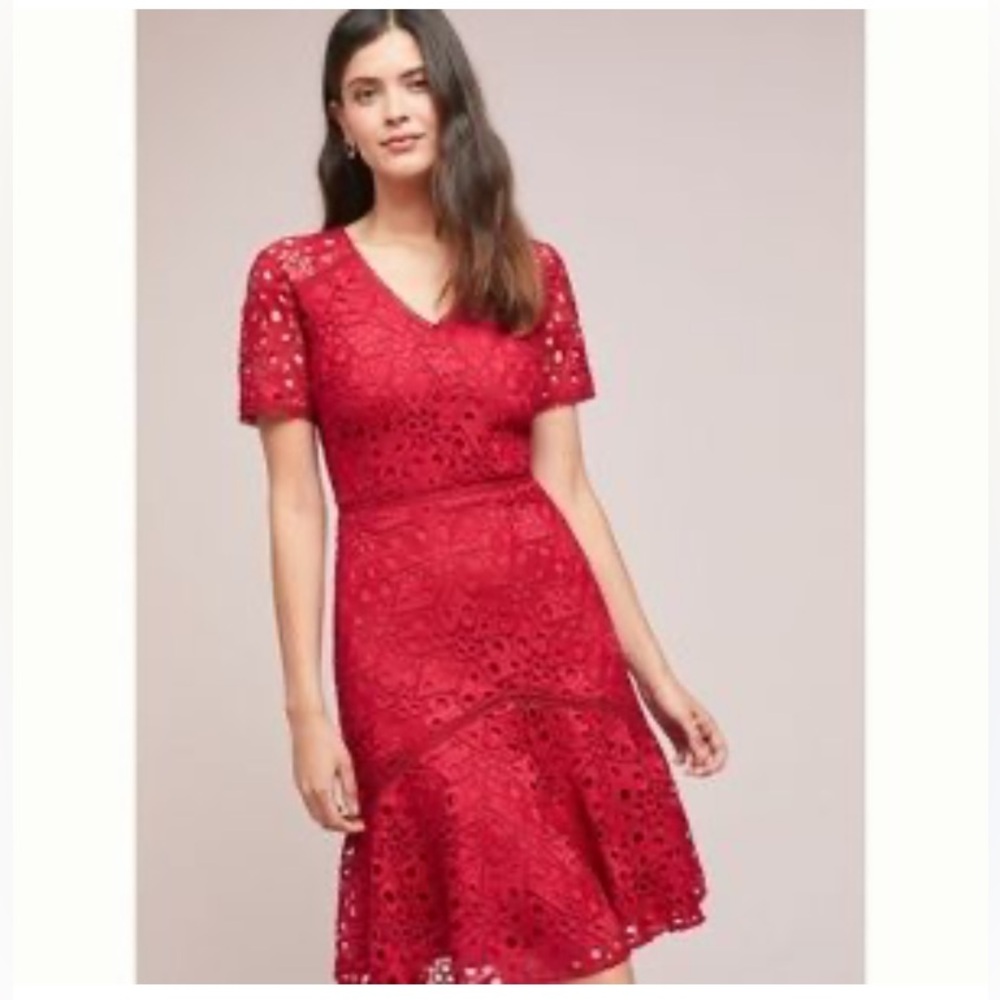 Shoshanna Red Lace Midi Dress with Flounced Hem